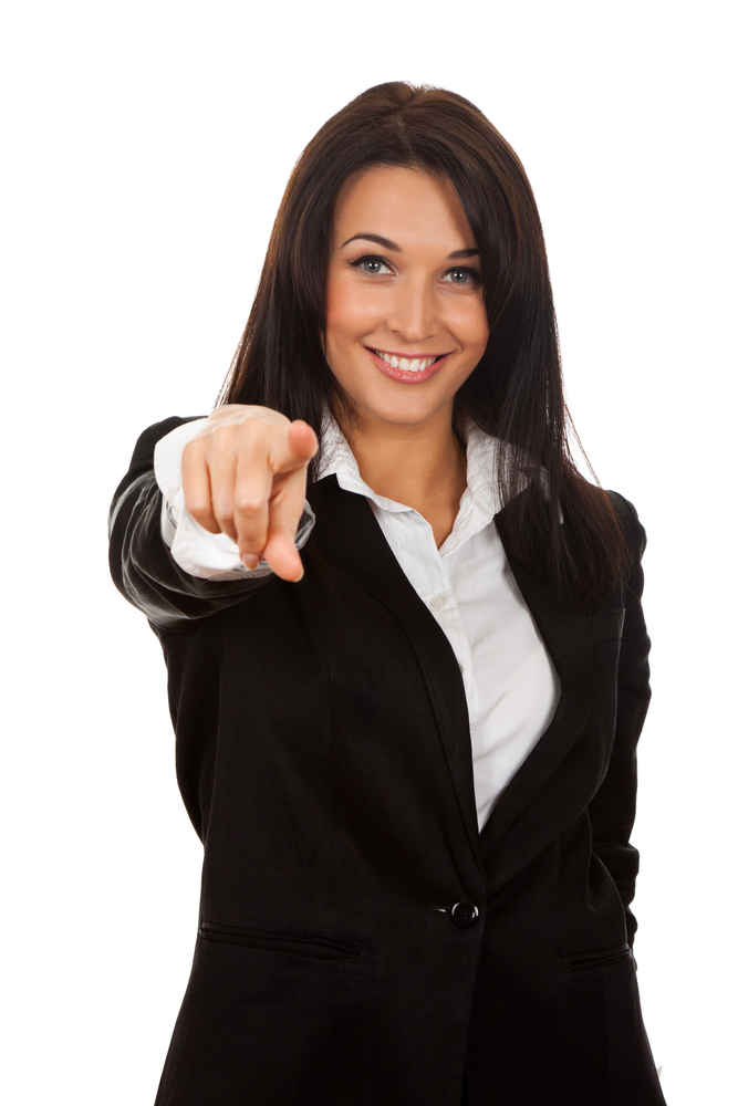 Business,Woman,Point,Finger,At,You,Looking,At,Camera.,Isolated